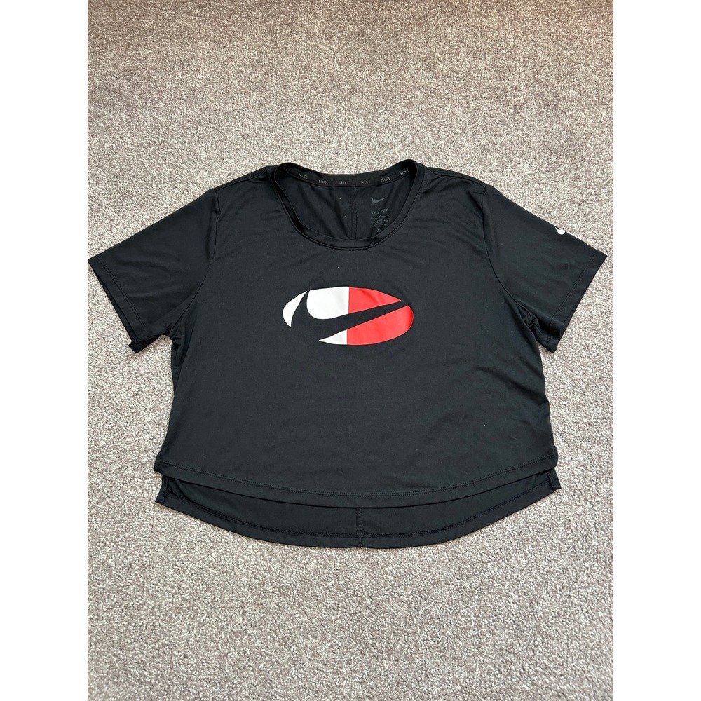 Nike Dri-FIT Crop Top Womens Medium Black Excellent High Low Graphic Tee